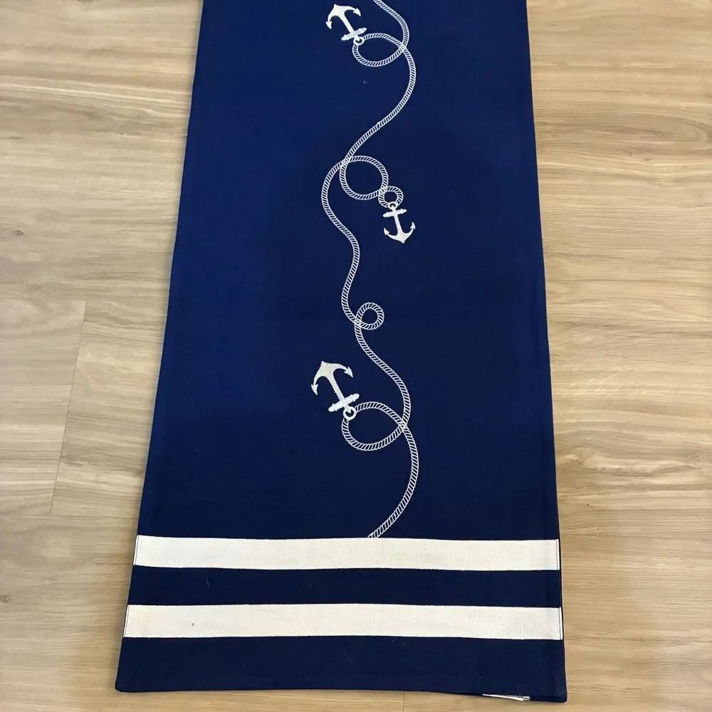 Sur La Table Table Runner + 4 Cloth Napkins Royal Blue & White Nautical Anchor ￼